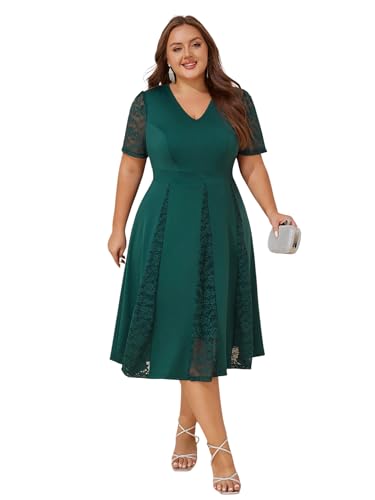 ZNU Women’s Plus Size Wedding Guests Dresses for Formal Lace Short Sleeve V-Neck Cocktail Evening Party Dress Midi Dress