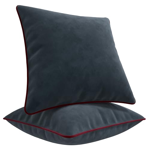 Blau Marité Set of 2 Velvet Throw Pillow Covers with Contrast Piping, Soft Decorative Cushion Covers, Grey and Burgundy