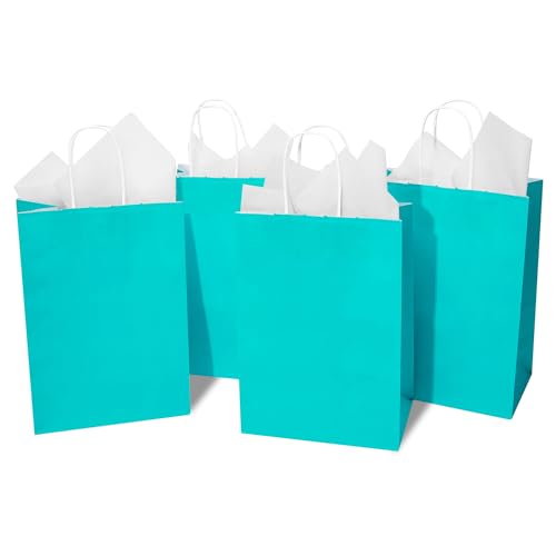 DjinnGlory 24 Pack Medium Size Teal Blue Paper Gift Bags with Handles 10x8x4 Inch and 24 Tissue Paper for Birthday Wedding Baby Bridal Shower Party Favors, Merchandise Shopping Bags
