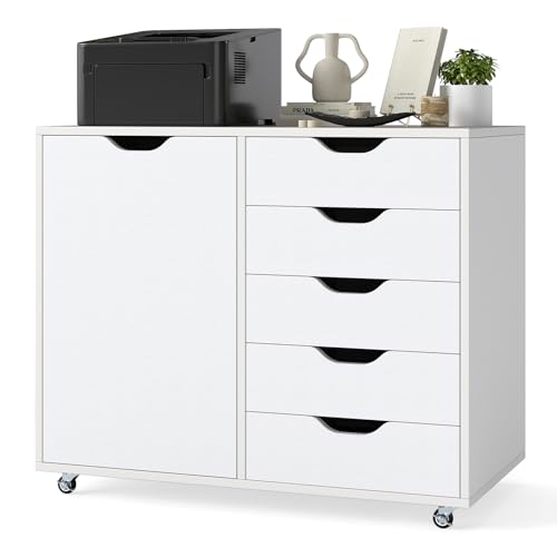 COSTWAY Mobile File Cabinet 4/5 Drawers Lateral Stationery Storage Organiser Chest with Wheels and 1/2 Doors Home Office Printer Stand Side Filing Cupboard (White-5 Drawers 78 x 40 x 65cm)