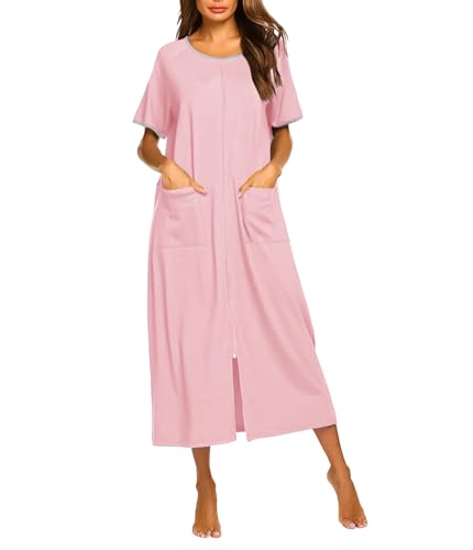 Image of Ekouaer Women Robe Zipper Short Sleeves Full Length House Coat with Pockets