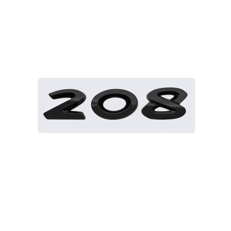 Emblema 208, Insignia 208, Adhesivo 208, Pegatina 208, Adhesivo para Maletero, Emblema para Maletero Coche, Compatible con Peugeot. Plástico, 87 mm x 27 mm, Negro Brillo