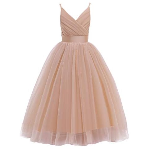 Glamulice Girls Lace Bridesmaid Dress Long A Line Wedding Pageant Dresses Tulle Party Gown Age 3-16Y - Gold - 9-10 years Cover