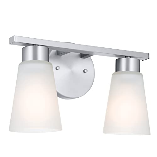 Image of Kichler Stamos 2-Light Bathroom Vanity Light Fixture with Satin Etched Glass Shades, Modern Wall Mount in Brushed Nickel for Mirror Lighting (13 x 8 x 5 in), 45887NI