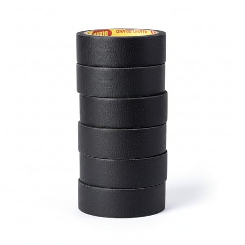 Mario Black Masking Tape - 20 Meter Length, 12mm Width – High Grip Adhesive Tape for Painting, DIY, Furniture & Craft – Easy Tear, Clean Peel – Pack of 6 Rolls
