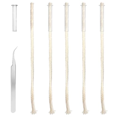 5PCS Oil Lamp Wicks with Glass Tube Holder - Oil Lamp Wick Holder Sets Replacement Cotton Torch Wick with Tweezer for Candle Lamps DIY Alcohol Lamps Burner