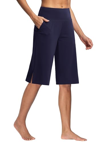 Image of ISEEGZ 15 inch /18 inch /21 inch Capri Pants for Women High Waist Wide Leg Yoga Capris with Pockets Stretchy Loose Fit Casual Workout