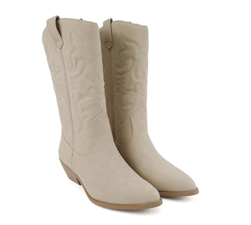Image of Soda inchTELLER inch ~ Women's Western Cowboy Boots with Stitched Detailing, Pointed Toe, and Low Block Heel
