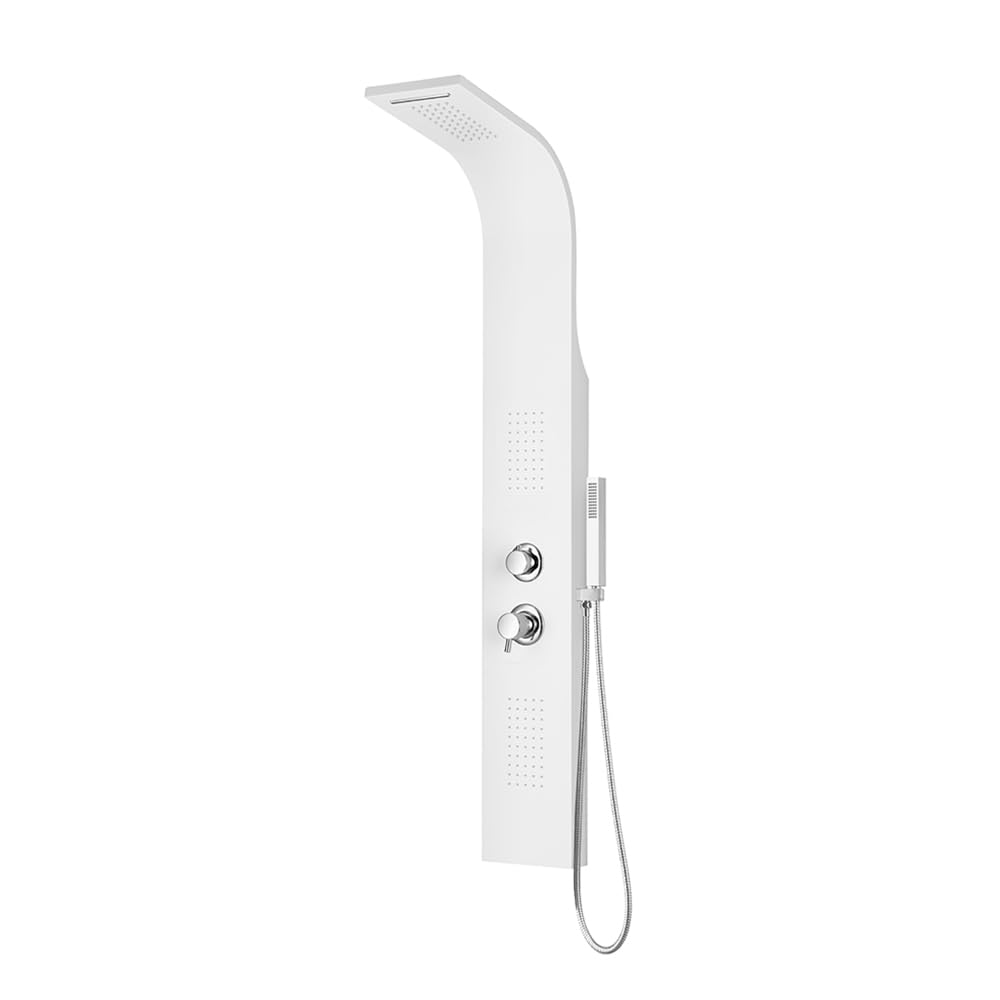 Colonna Doccia Idromassaggio Multifunzione H 145 Cm In Alluminio Bianco Opaco Con Soffione, Getto Effetto Cascata, Doccino E Getti Orizzontali, Completa Di Flessibile