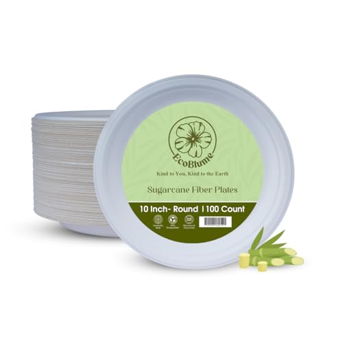 100 Pack 10" Sugarcane Fiber Round Plates by ecoBlume – Eco-Friendly Compostable Disposable Plates for Parties, Gatherings, Catering, picnic, Wedding, BBQs, and Events
