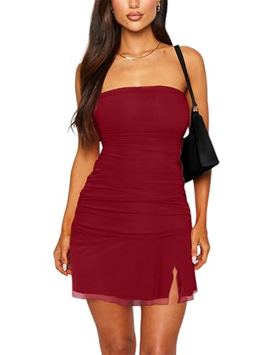 Image of HYPERFIRE Women's Summer Strapless Mini Dress Off Shoulder Ruched Bodycon Party Short Tube Dresses