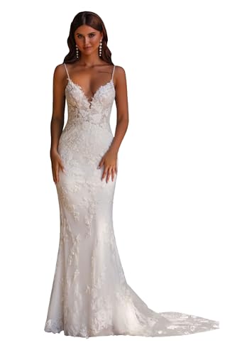 Mermaid Wedding Dress for Bride 2025 Mermaid Lace Applique White Boho Bridal Gowns with Train US8