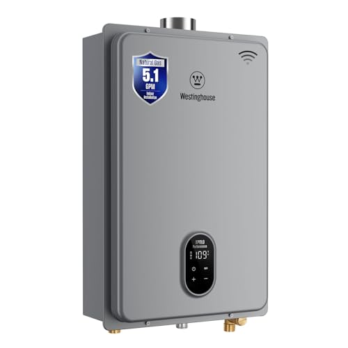 Westinghouse Tankless Water Heater Gas, 5.1 GPM 120,000 BTU Indoor Natural Gas Heater Whole House...