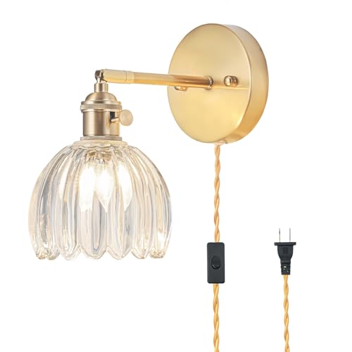 Image of Plug in Wall Sconce, Vintage Sconce Light with Tulip Transparent Glass Lampshade, Bedside Wall Sconce with Switch and Plug in Wall Lamp Cord, Gold Wall Light for Bedroom