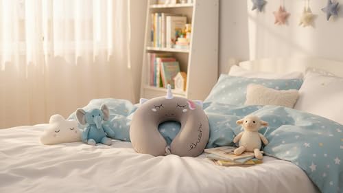 Image of Soft and Comfortable Cartoon Designed U-Shaped Kids Travel Neck Pillow for Airplane Car Flight Head Neck Support for Boys and Girls (Pack of 1, Grey)