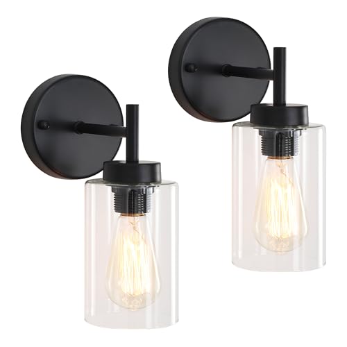 Image of Black Wall Sconces set of two, Modern Bathroom Sconces with Glass Shade | Indoor Wall Lights for Mirror Kitchen Living Room Hallway Cabinet Porch