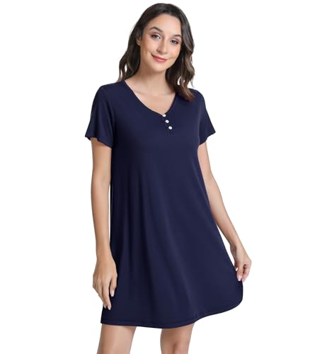 Image of NACHILA Women's Nightgowns-Viscose Made from Bamboo, Soft Sleepwear V Neck Sleepshirt Short Sleeve Loungewear Cool Sleepdress