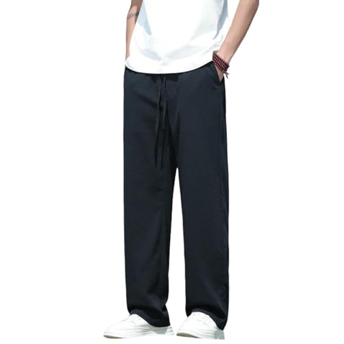 Pantalon coton lin haut de gamme coupe droite et ample style chinois uni