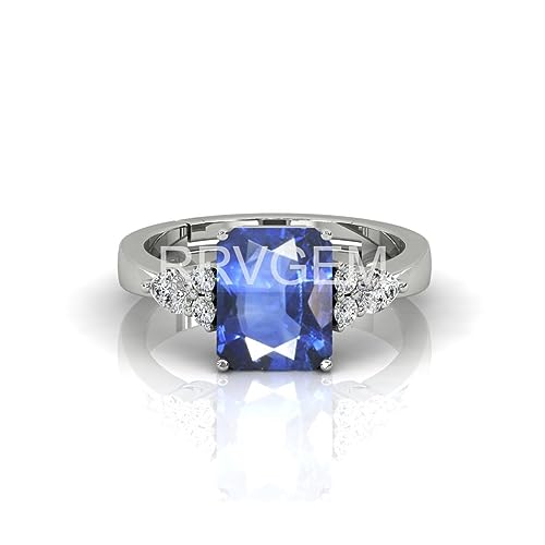 RRVGEM Anillo de zafiro azul natural certificado por origianal de 2,25 ratti / 2,00 quilates, chapado en plata, hecho a mano, con hermosa piedra, joyería coleccionable para hombres y mujeres