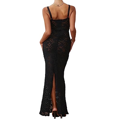 Women’s Cocktail Dress Sexy Lace Hollow Out Transparent Sleeveless Spaghetti Straps Slim Fit Maxi Party Club Evening Dress3
