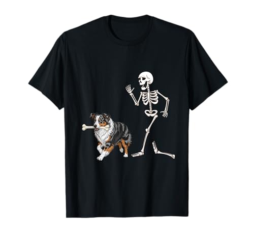 Divertido Pastor Australiano y Esqueleto de Halloween Camiseta