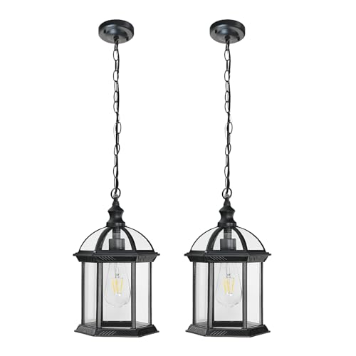 Outdoor Pendant Light Porch Front Door Foyer Entryway Patio Farmhouse Waterproof Hanging Lights Fixtures with Adjustable Chain Anti-Rust Exterior Ceiling Mount Lantern(Black, 2 Pack)