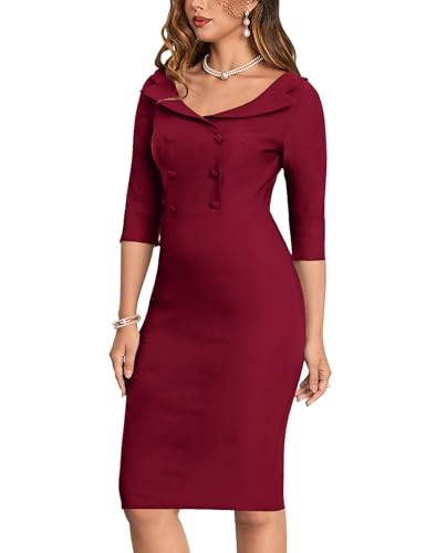 Muxxn MX-8118-BURGUNDY-M Womens Sheer Button Up Sheath Slim Wear To Work Pencil Midi Office Dress thumb #3