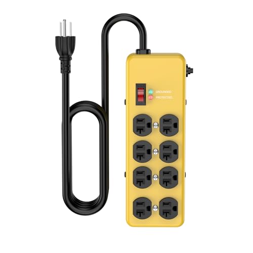 Heavy Duty Power Strip 20 amp,Metal 8 Outlet Power Strip,Wall Mount Surge Protector 4800J,12 Gauge 6FT Extension Cord 5-15P Adapter Workshop & Industrial Use with 6-20R T-Slot Outlets