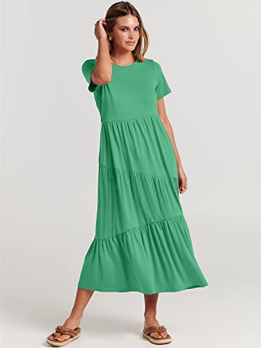 Image of ANRABESS Women Summer Maxi Dress Short Sleeve Swing Casual Asymmetric Tiered Vacation Long Beach Sundress Outfits Grass Green Medium