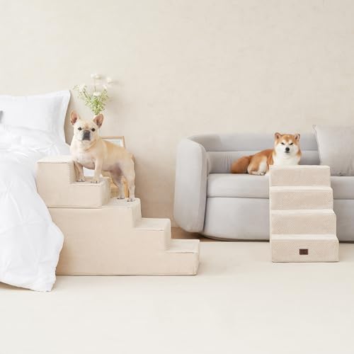 Image of EHEYCIGA Dog Stairs for High Bed 25 inch H, 5-Step Extra Wide Dog Steps for Bed, Pet Steps for Small Dogs and Cats, Non-Slip Balanced Pet Ramp Indoor, Beige