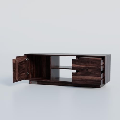 Image of DRIFTINGWOOD Solid Sheesham Wood Sideboard Medora Low Height TV Cabinet for Living Room | Wooden Free Standing TV Unit Side Board Table Door Cabinet Storage | Rosewood, Walnut Finish
