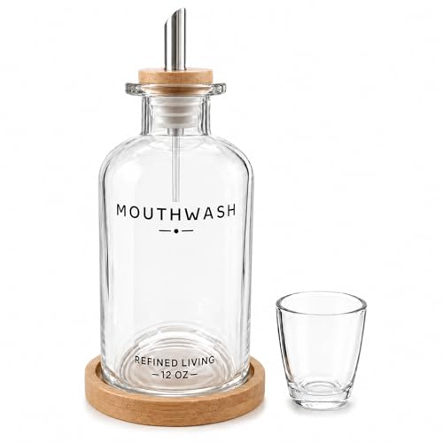 Mouthwash Dispenser for Bathroom 12 OZ Refillable Glass Mouthwash Bottle with Cup and Bamboo Tray Decorative Mouth Wash Dispenser Set for Bathroom