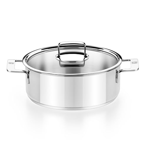 Image of BRA COOKWARE Signature Stainless Steel Stock Pot w /Glass Lid | 9.5 Inch 4 Quart Professional Grade Cooking Pot | PFOA Free Deep Pot | All Cooktops | All Cooktops (incl. Induction) & Oven Safe