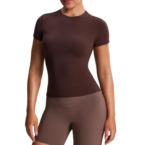 Aoxjox Women's Casual Basic Tee HIGH Elastic Cotton T-Shirt Short Sleeve Tops Everyday Crew Neck Slim Fit Y2k