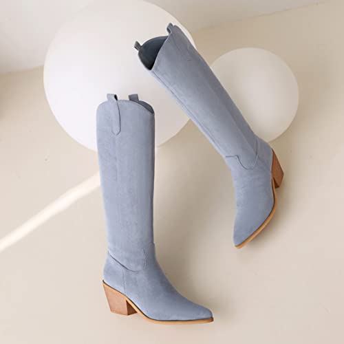 Image of Reitoye Cowboy Boots Women Knee High Cowgirl Embroidered Chunky Heel Boots | Block Chunky Heel,Pointed Toe,Half Side Zipper & Pull Tab,Embroidered Tall Boots,Fall Summer Spring Winter Dress Long Boots