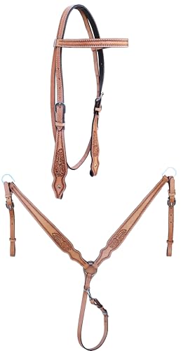 CHALLENGER Horse Floral Tooled Leather Headstall Bridle & Breast Collar Tack Set 78AD05B
