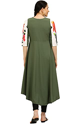 Image of Women's Crepe A-Line Printed Kurti(ALC9121MLT1 Military X-Small)