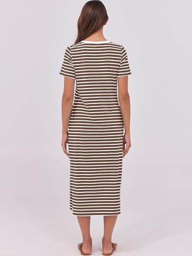 Image of ANRABESS Womens Midi Dress,Summer Long Tshirts Dresses,Short Sleeve Split Stripe,Comfy Travel Beach Vacation Casual Wear