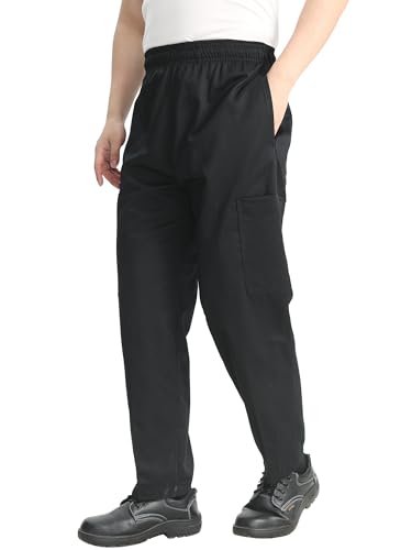 KITCHIEF Men Chef Pants Cool Vent Baggy Black Chef Pants Restaurant Work Pants and Kitchen Uniform Loose Cargo Pants (US Alpha Medium Regular Regular Black)