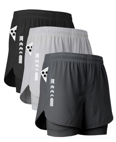 Men's 2 in 1 Running Shorts 5 inch Gym Athletic Workout Shorts with Liner Quick Dry with Back Zipper Pockets