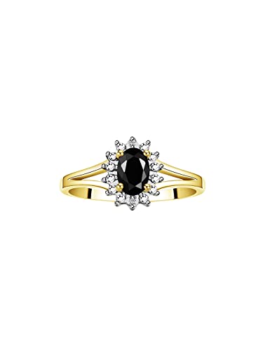 Image of Rylos Halo Ring: Diamond Birthstone with 6X4MM Oval Gemstone - Women's Jewelry in Yellow Gold Plated Silver - Stunning Diamond Ring Sizes 5-10