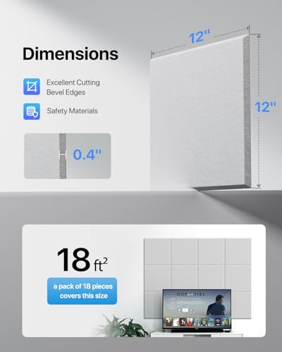 Image of Soundsbay Self-Adhesive Soundproof Wall Panels 18 Pack 12 inchx12 inch White | Square Acoustic Panels, 150kg /m High Density Covers 18 sq ft, Sound Proof Panels for Walls, Home Office, Bedroom