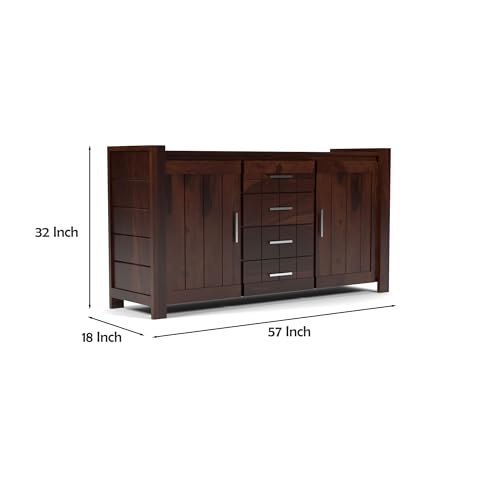 Image of Solid Sheesham Wood Wooden Sideboard Storage Cabinet & Chest of Drawer : Ideal for Living Room and Bedroom with 4 Drawers and 4-Shelf Storage (Chevalier, Walnut Finish)