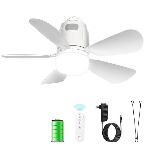 Gliztech Ventilador Techo Exterior 50CM, 2000mAh Ventilador Techo Luz con Batería Blanco, Recargable y Extraíble con Gancho y Mando a Distancia para Cenador, Terraza, Tienda de Campaña, Sombrilla