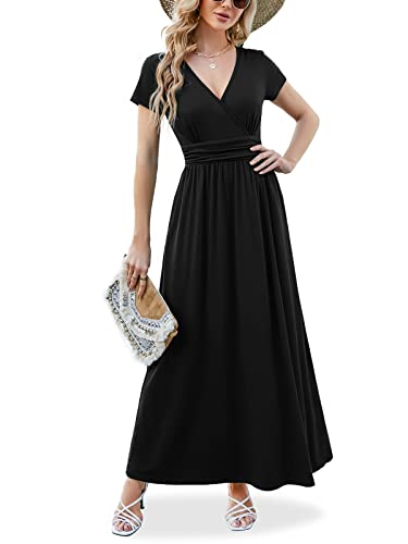 ANRILITA Maxi Dress for Women Wrap V Neck Short Sleeve Empire Pleated Waist Summer Casual Elegant Long Dress with Pockets Black