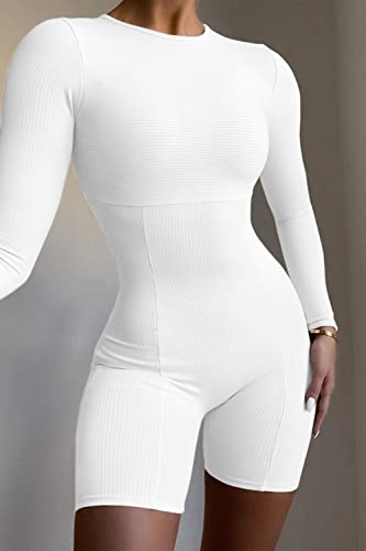 Ioiom Women's Sexy One Piece Long Sleeve Crew Neck Top Rompers Short Bodycon Jumpsuit White M #TOP5