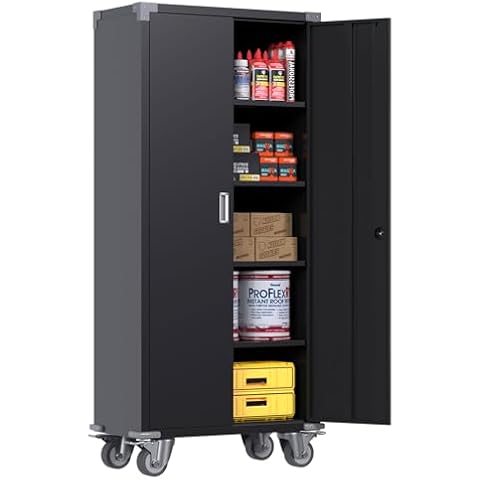 Aobabo Storage Cabinet on Wheels, Rolling Locking Metal Storage Cabinet Organizer with 4 Adjustable Shelves and 2 Keys for Garages, School and Office, Black, Assembly Required Cover