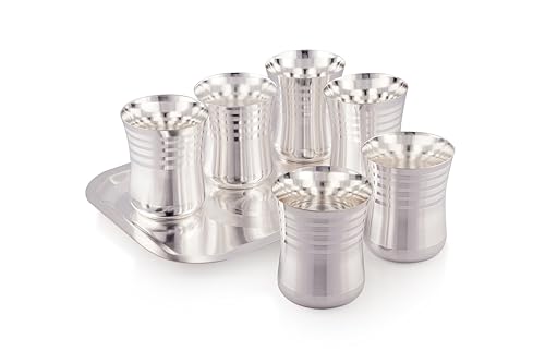 Image of Silverglow Damroo Tray Glass Set | Silver Plated Glass Set of 6 with Tray | Juice, Water, Beverages Serving Set | Tableware Set | Perfect Diwali, Office, Wedding Return Gift Item