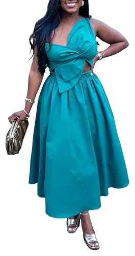 Image of YUEWOO Midi Dresses for Women Casual Summer Sundresses Vacation Outfits Spaghetti Strap Smocked Women Maxi Dress with Pockets