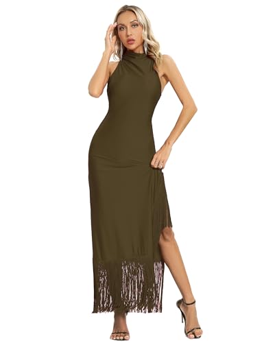 Image of Aigeman Women Vintage Flapper Dresses 1920s Great Gatsby Halter Fringed Maxi Dress Tassels High Split Formal Dress 19